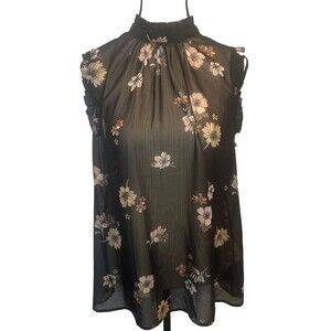 Women’s Who What Wear BLACK Shear W/ Multicolor Floral Ruffle Sleeveless Top -L